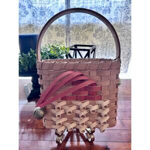 Vintage 1997 Signed Handwoven Santa Hat Basket Curl Splint Design Carved Handle